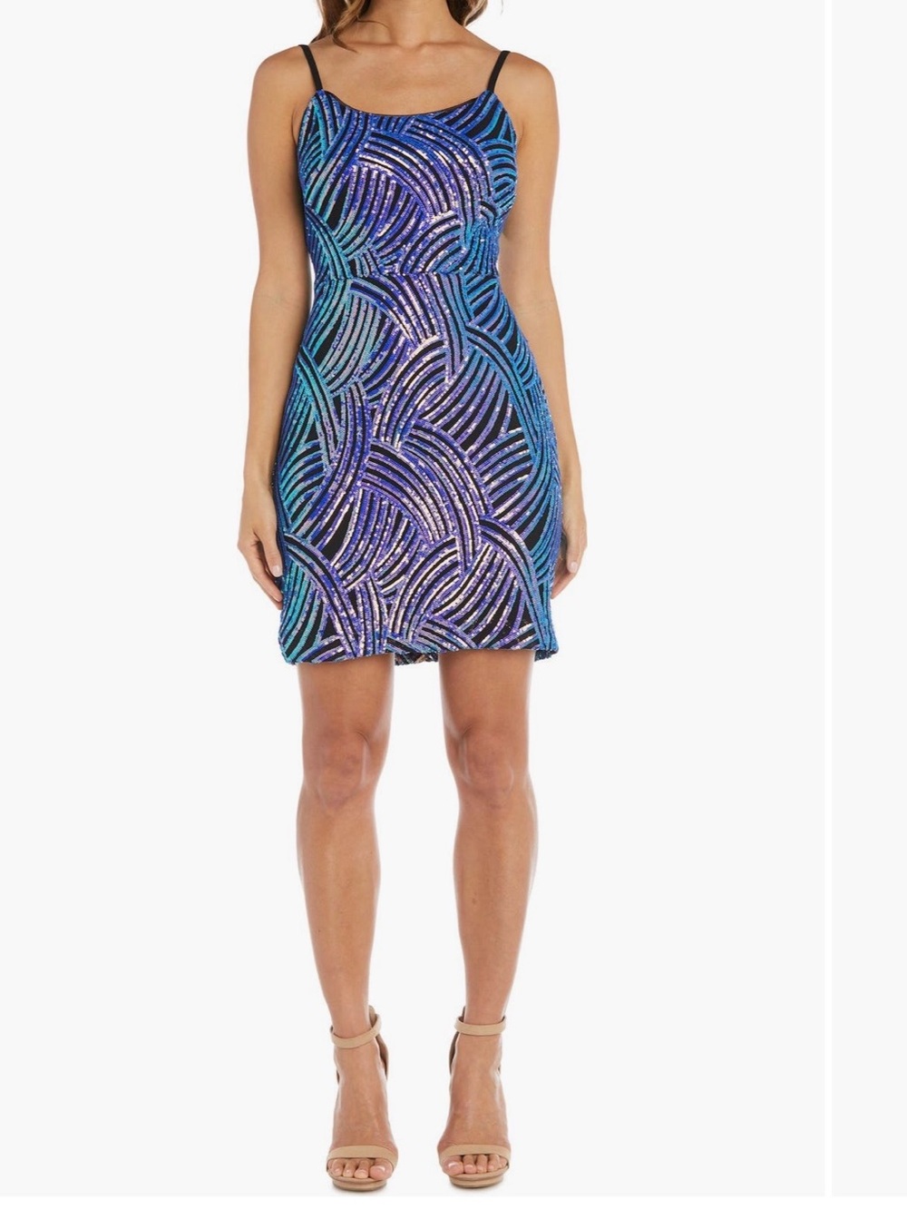 Morgan & Co. Sequin Spaghetti Strap Metallic Dress in Blue & Purple